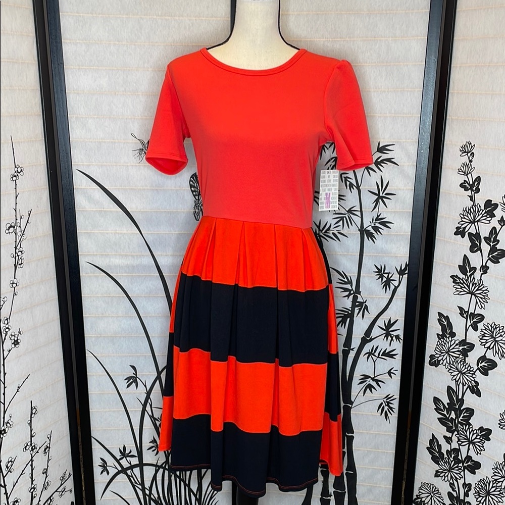 Lularoe Amelia Casual Orange and Black Fit and Flare Midi Dress M